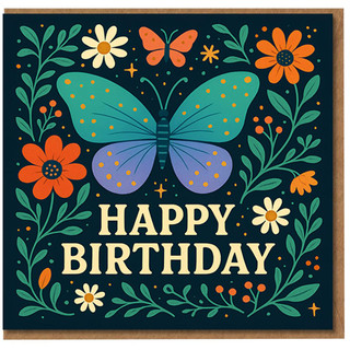 Butterfly and Wildflowers Happy Birthday Card - Colourful Nature Design with Bold Greeting