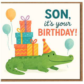 Son Birthday Card - Cute Crocodile with Party Hat, Balloons and Presents - Fun Animal-Themed Birthday Greeting for Son