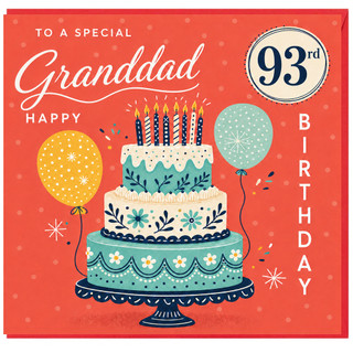 93rd Birthday Card for Grandad, Happy Birthday Granddad Cake and Balloons Card