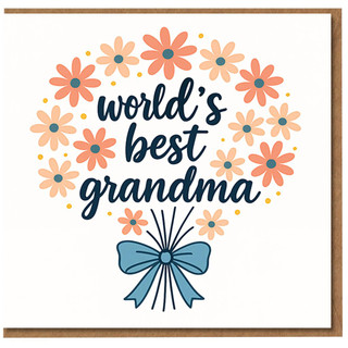 World's Best Grandma Birthday Card - Floral Bouquet Wreath with Blue Bow, Cute Card for Nan from Grandchildren