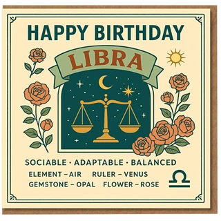 Libra Birthday Card - Zodiac Sign Astrology Design with Scales, Stars and Roses - Happy Birthday Libra with Traits, Element Air & Ruler Venus