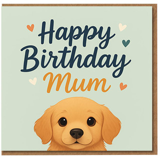 Happy Birthday Mum Card - Cute Puppy and Hearts Design, Sweet Dog Theme for Mum