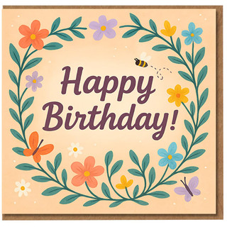 Happy Birthday Floral Wreath Card with Bee and Butterflies - Colourful Illustrated Flowers on Peach - For Anyone
