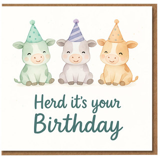 Funny Cow Pun Birthday Card - 'Herd it's your Birthday' - Cute Farm Animals in Party Hats for Kids, Friends and Animal Lovers