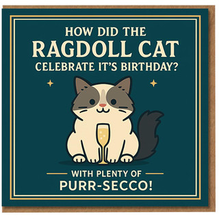 Funny Ragdoll Cat Birthday Card - Purr-secco Pun for Cat Lovers - How Did the Ragdoll Celebrate It's Birthday? With Plenty of Purr-secco!