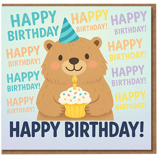 Happy Birthday Card - Cute Bear with Party Hat and Cupcake, Fun Pastel Animal Illustration for Kids or Adults