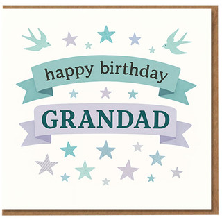 Grandad Birthday Card - Happy Birthday Grandad Ribbon Banners with Stars and Swallows - Teal and Lilac Design - Cute Card for