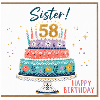 Sister 58th Birthday Card, Happy Birthday Card with Tiered Cake Design