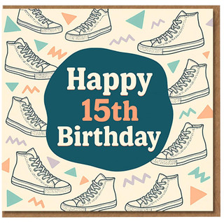 15th Birthday Card - High-Top Trainers Pattern - Bold 'Happy 15th Birthday' Teal Centre - Cool Teen Card for Boys or Girls