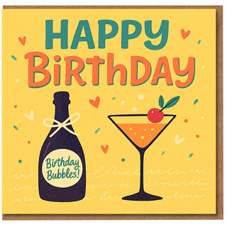 Happy Birthday Bubbles Champagne Bottle & Cocktail Card - Fun Celebration Design with 'HAPPY BIRTHDAY'