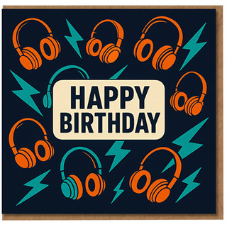 Happy Birthday Card for Music Lover - Headphones and Lightning Bolts Retro Design
