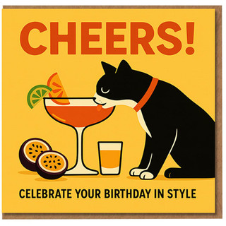 Cheers Cat Birthday Card - Celebrate Your Birthday in Style - Black Cat with Cocktail and Passion Fruit - Funny Drinks Theme for Friends or Family