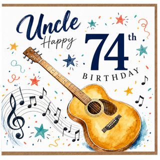 Uncle 74th Birthday Card, Happy 74th Birthday Card with Guitar and Musical Notes