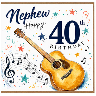 Nephew 40th Birthday Card, Guitar Music Themed Birthday Card