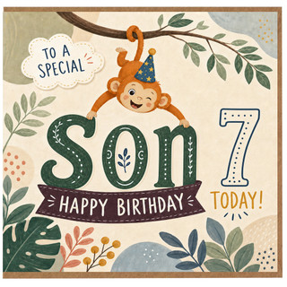 Son 7th Birthday Card, Cute Monkey Happy Birthday Card for Son