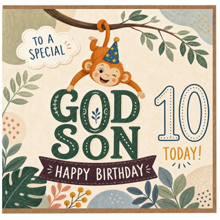 God Son 10th Birthday Card, To a Special Godson Happy Birthday Today Monkey Design
