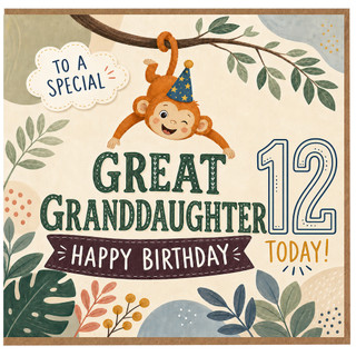 Great Granddaughter 12th Birthday Card, Cute Monkey Happy Birthday Card
