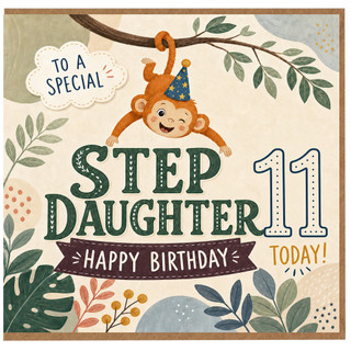 Step Daughter 11th Birthday Card, Cute Monkey Jungle Birthday Card