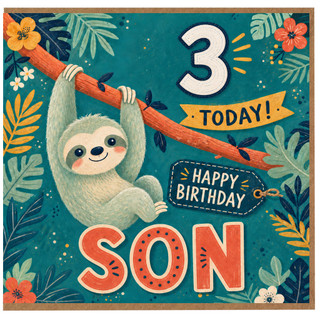 Son 3rd Birthday Card, Cute Sloth Happy Birthday Card