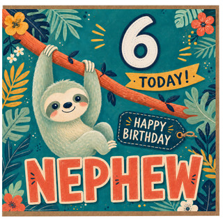Nephew 6th Birthday Card, Cute Sloth Tropical Birthday Card