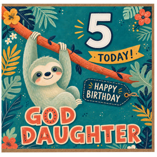 5th Birthday Card for God Daughter, Cute Sloth Tropical Birthday Card