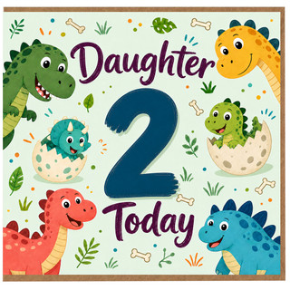 Daughter 2nd Birthday Card, Cute Dinosaur Birthday Card