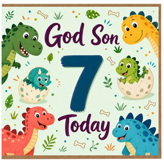 God Son 7th Birthday Card, 7 Today Dinosaur Card