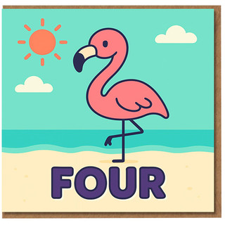 Flamingo FOUR 4th Birthday Card for Children - Cute Sunny Beach Design, Pink Flamingo Theme