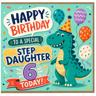 Step Daughter 6th Birthday Card, Cute Dinosaur Happy Birthday Card