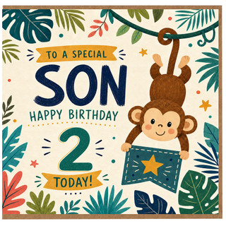 Son 2nd Birthday Card, To a Special Son Happy Birthday 2 Today Jungle Monkey Card