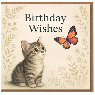 Cute Kitten and Butterfly Birthday Card - 'Birthday Wishes' Cat Lover Card, Sweet Illustration for Children, Friends or Anyone Who Loves Cats