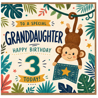 Granddaughter 3rd Birthday Card, Cute Jungle Monkey Happy Birthday Card