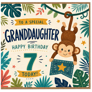7th Birthday Card for Granddaughter, Jungle Monkey Happy Birthday Card
