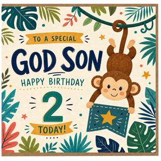 2nd Birthday Card for God Son, Cute Jungle Monkey Happy Birthday Card