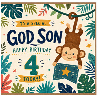 God Son 4th Birthday Card, Cute Monkey Jungle Happy Birthday Card