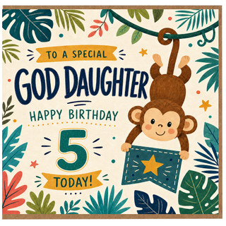 5th Birthday Card for God Daughter, Happy Birthday Jungle Monkey Card