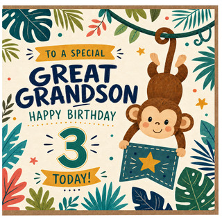 3rd Birthday Card for Great Grandson, Jungle Monkey Happy Birthday Card