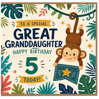 Great Granddaughter 5th Birthday Card, Cute Monkey Jungle Happy Birthday Card