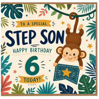 Step Son 6th Birthday Card, Tropical Monkey Birthday Card