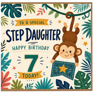 7th Birthday Card for Step Daughter, Happy Birthday Jungle Monkey Card