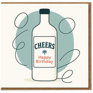 Cheers Bottle Happy Birthday Card - Minimal Drinks Design with Confetti Swirls, Modern Celebration Style for Friends, Family and Colleagues