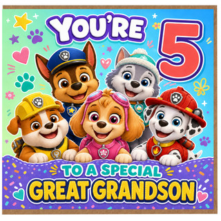 5th Birthday Card for Great Grandson, Cute Cartoon Puppies Greeting Card