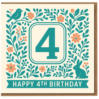 Happy 4th Birthday Card for Child - Teal Number 4, Floral Border with Bird and Bunny, Nature Illustration