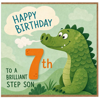 7th Birthday Card for Step Son, Cute Dinosaur Happy Birthday Card