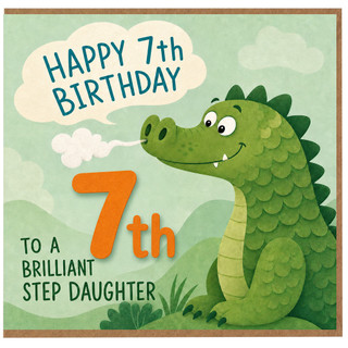 7th Birthday Card for Step Daughter, Cute Dinosaur Birthday Card
