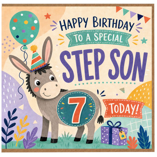 Step Son 7th Birthday Card, Happy Birthday to a Special Step Son Today, Cute Donkey Party Card
