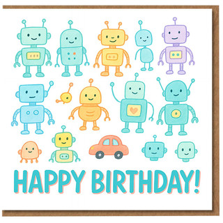 Happy Birthday Card - Cute Robots Parade with Orange Car - Colourful Robot Birthday Greeting - Fun Tech-Themed Card for Kids and Robot Fans