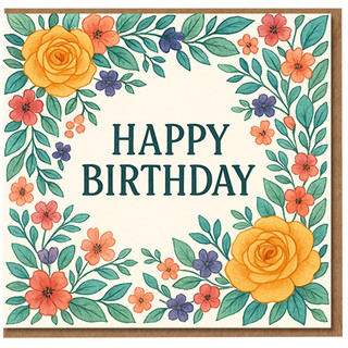 Happy Birthday Card - Floral Watercolour Botanical Border with Roses and Wildflowers - Elegant Birthday Greeting for Her or Him