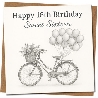 Sweet Sixteen 16th Birthday Card - Bicycle, 145mm x 145mm Square, Includes Kraft Envelope