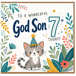 God Son 7th Birthday Card, To a Wonderful God Son 7 Today, Cute Cat Party Card